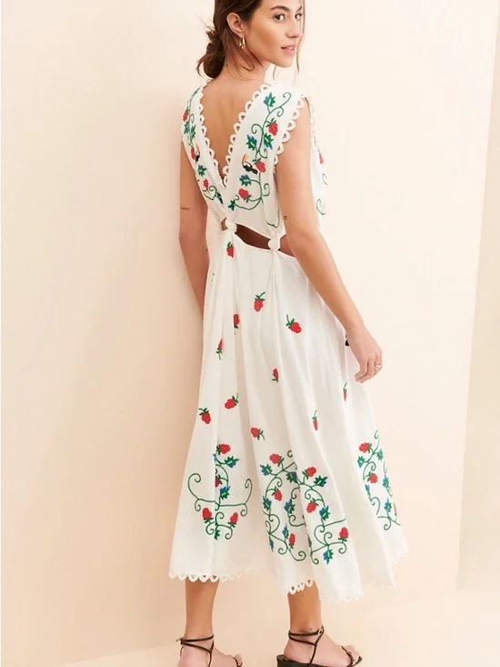 FARM Rio Cross Stitch Toucan Embroidered Midi Dress in Off-White - Picture 4 of 9